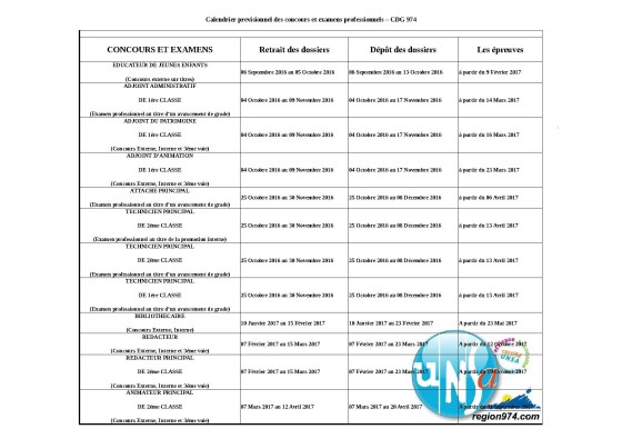 Calendrier concours et examens professionnels 20162017