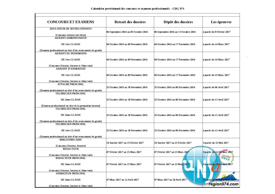 Calendrier concours et examens professionnels 20162017